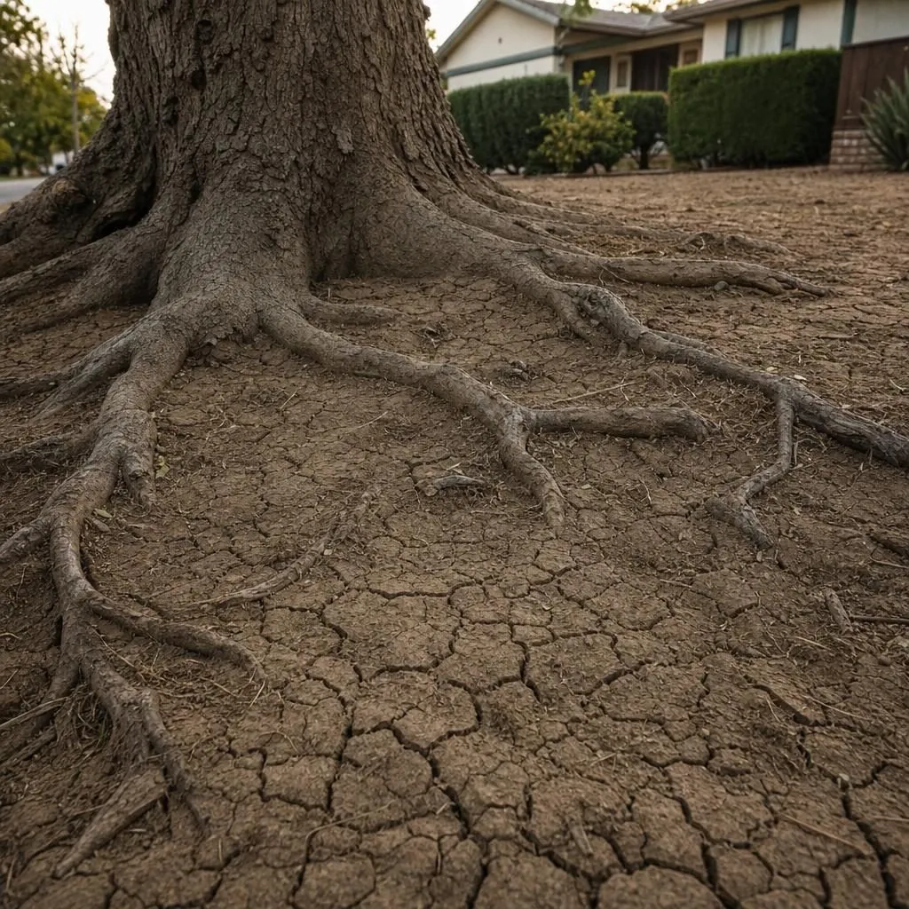 Cracked, dry, heavy clay ground and shallow surface roots at the base of an Antelope yard tree