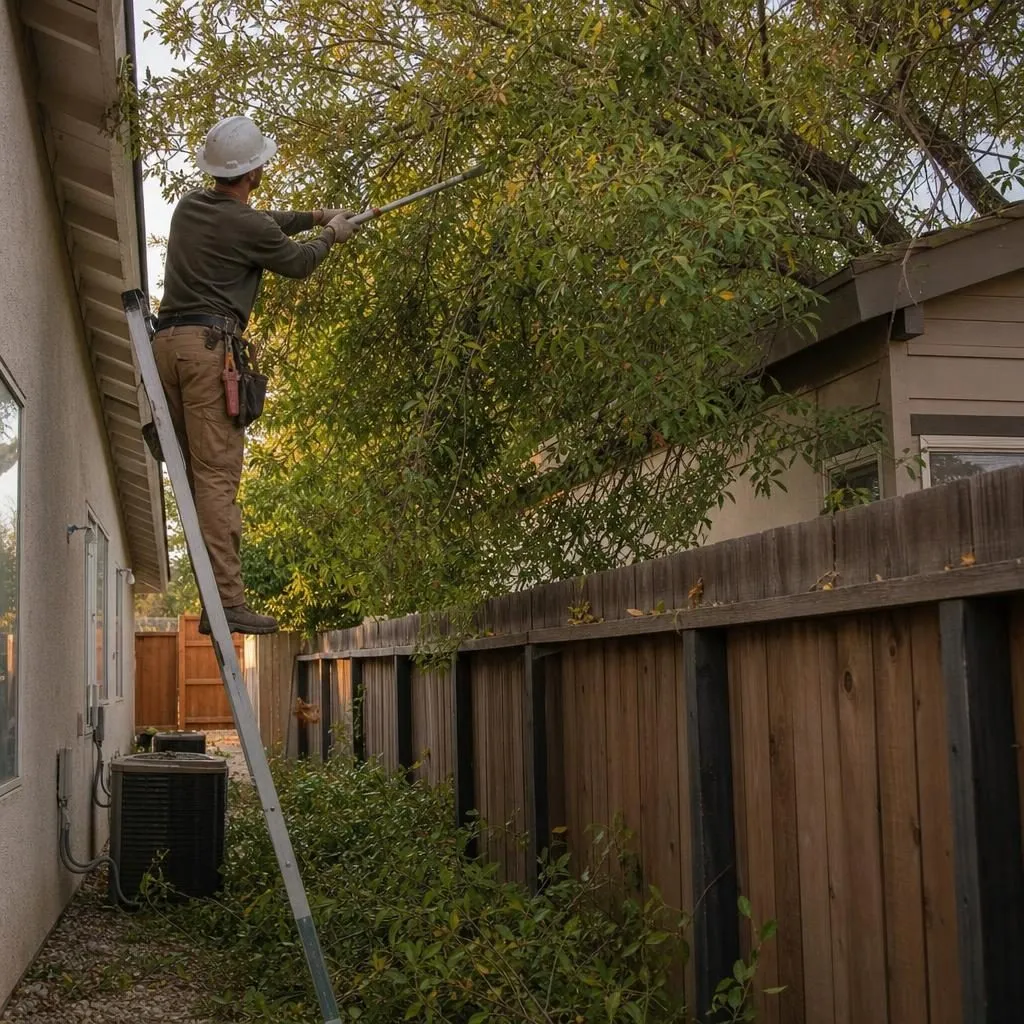 A crew member trimming tree limbs that hang over a shared wooden backyard fence between two Antelope homes