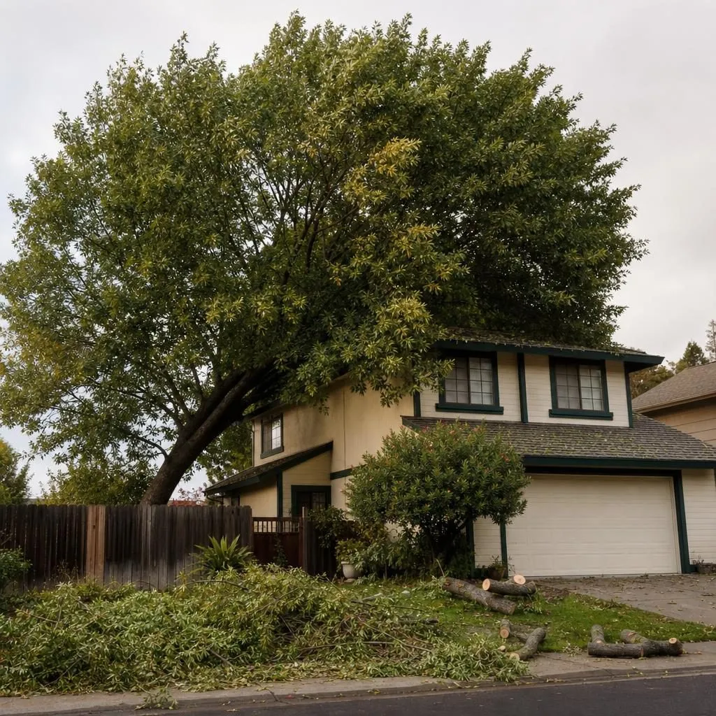 A fast-grown shade tree grown top-heavy over the roof of a two-story Antelope tract home