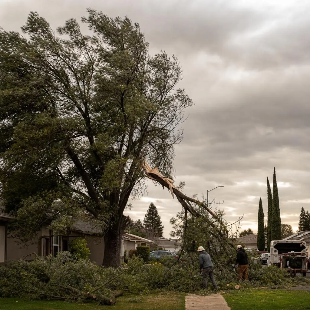 A yard tree bending with a broken limb on a flat, wind-exposed open Antelope street