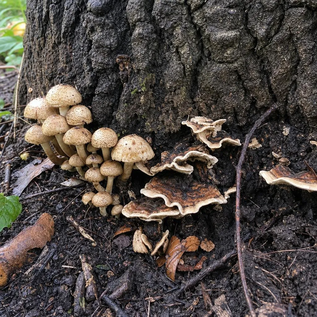 Mushrooms and shelf fungus at the base of a tree trunk