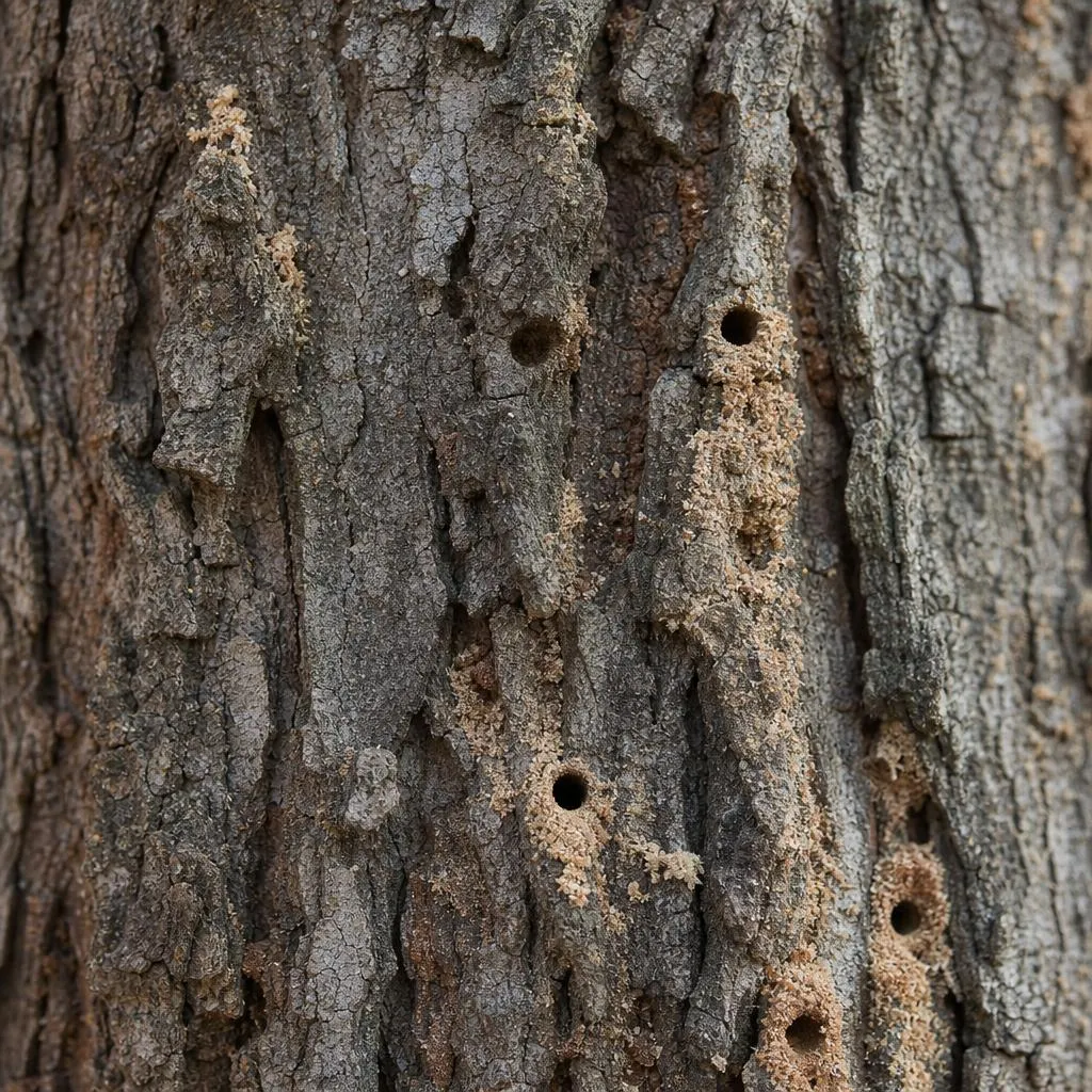 Small round borer exit holes and fine sawdust on a tree trunk