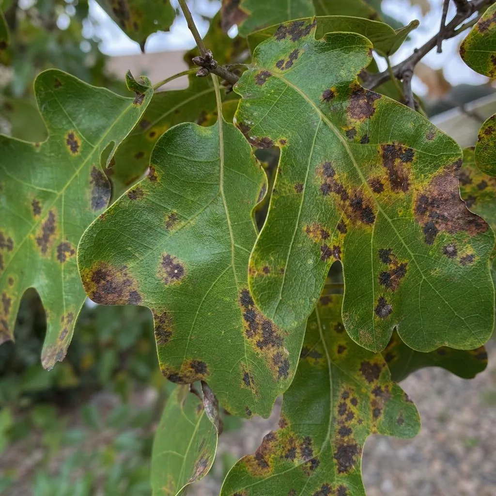 Tree leaves covered in brown fungal spots and blotches