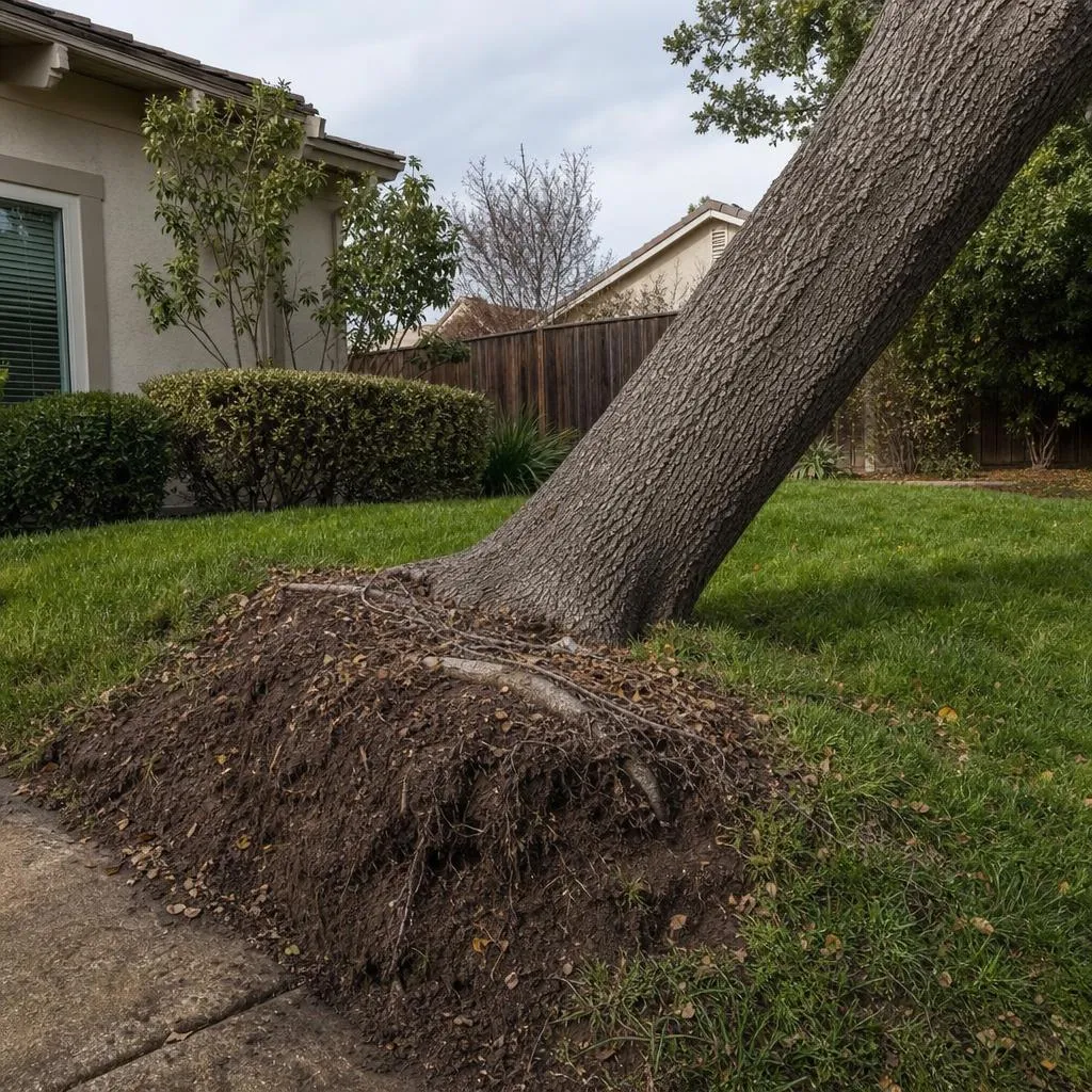 Tree leaning with soil heaving and roots lifting at its base