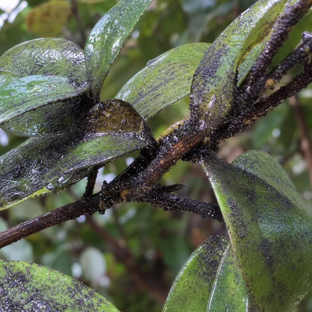 Tree leaves coated in sticky honeydew and black sooty mold