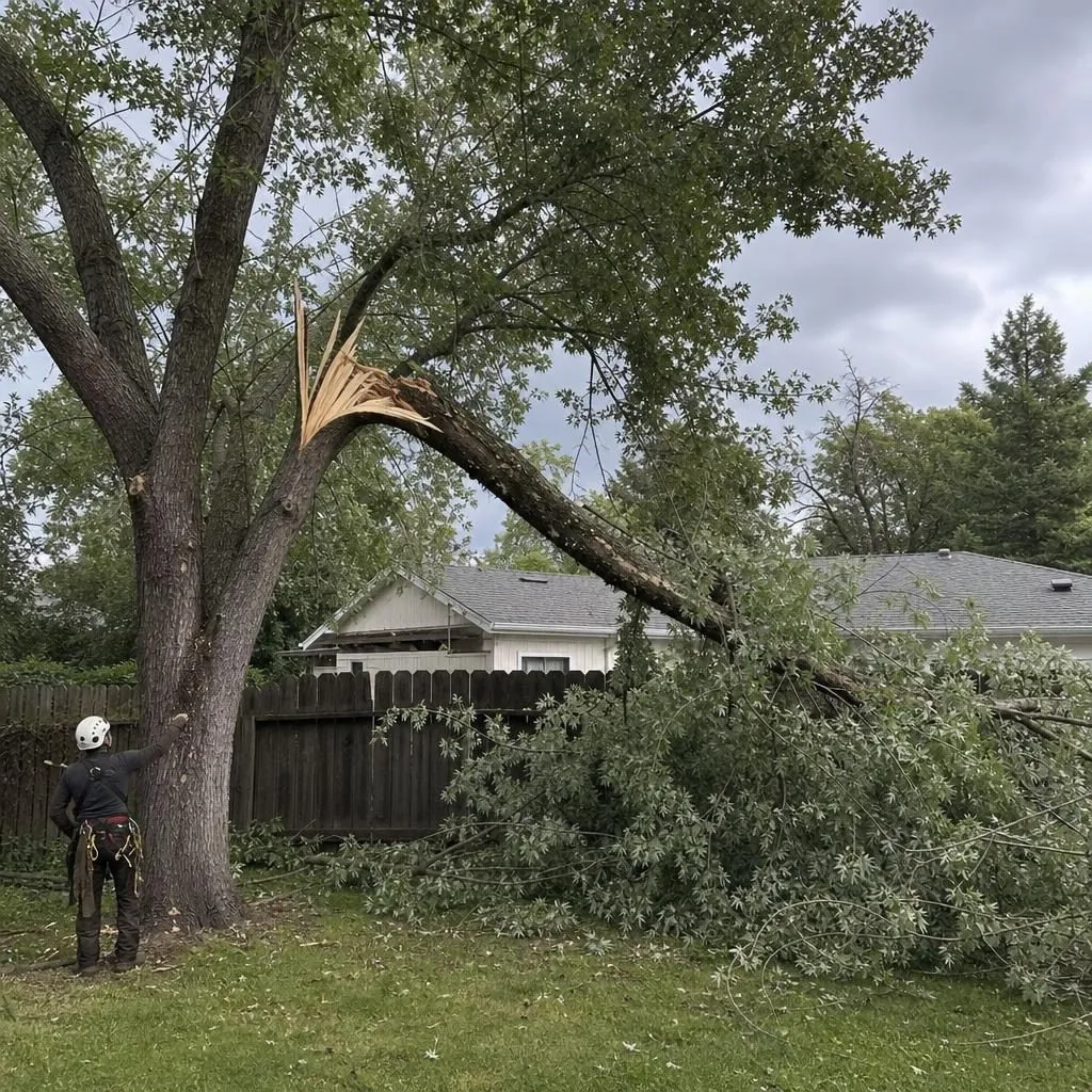 A fast-grown shade tree with a torn, split limb after a windstorm in an older Citrus Heights yard