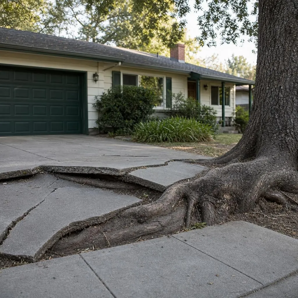 Tree roots buckling and lifting a cracked concrete driveway beside an older Citrus Heights home