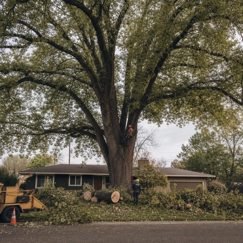 A large full-grown shade tree towering over a single-story older Citrus Heights ranch home
