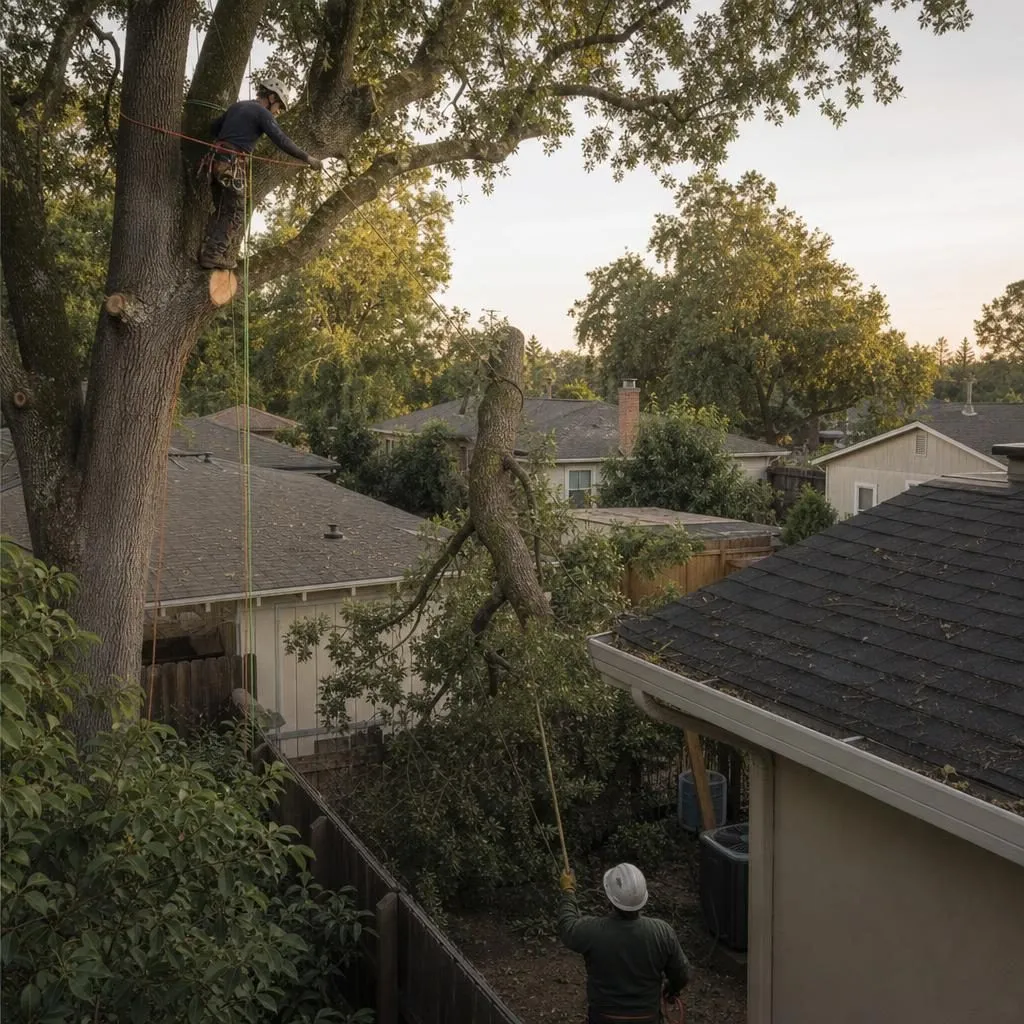 A crew member lowering a cut limb by rope into a tight, fenced older Citrus Heights backyard
