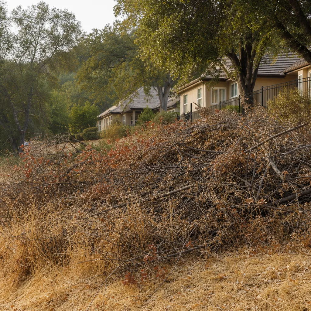 Dry, dead vegetation and brush fuel on a Placer County property in summer