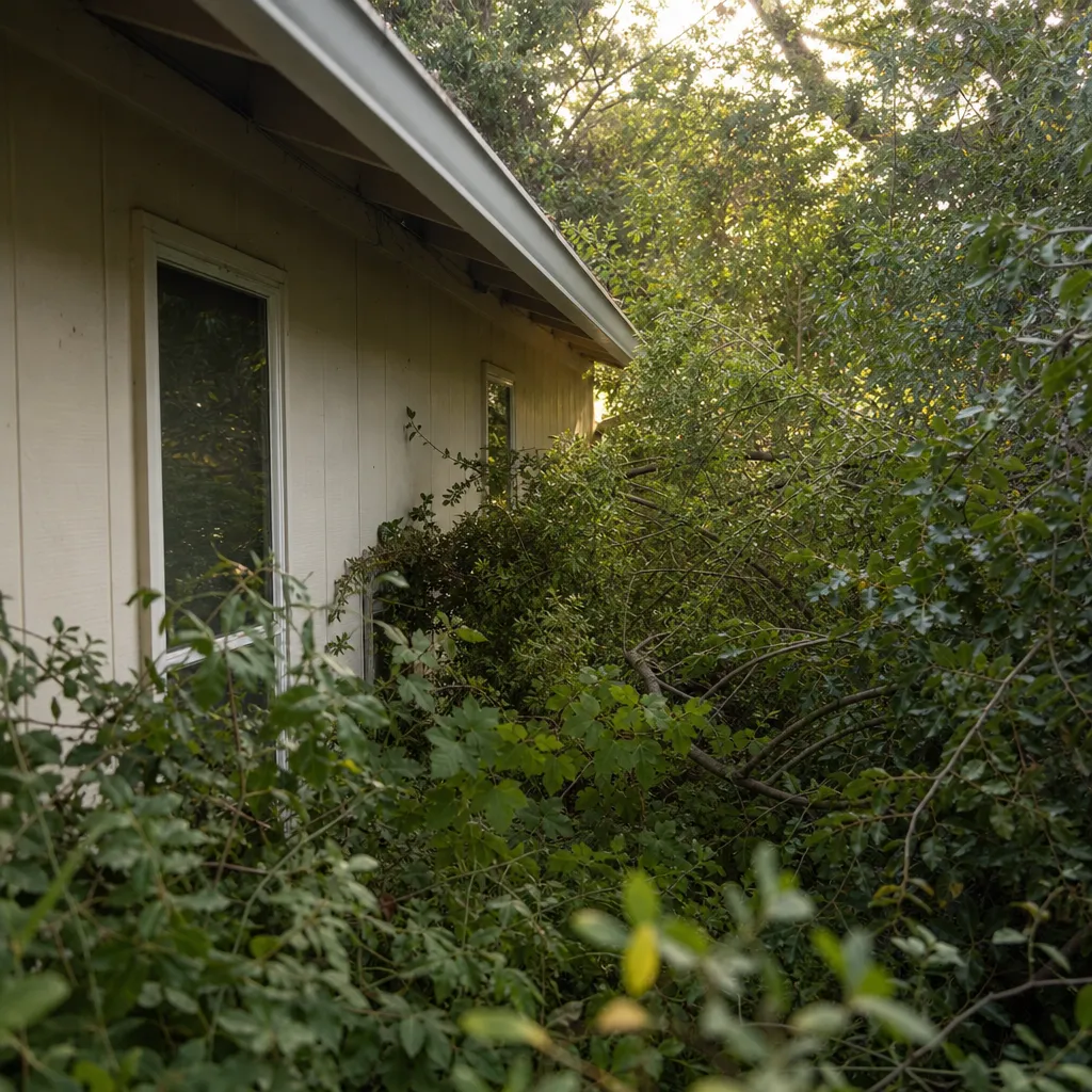 Brush and vegetation crowding right up against the wall of a Sacramento-area home