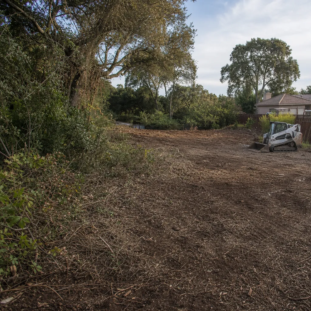 A partly cleared residential lot with open, leveled ground emerging, ready to build