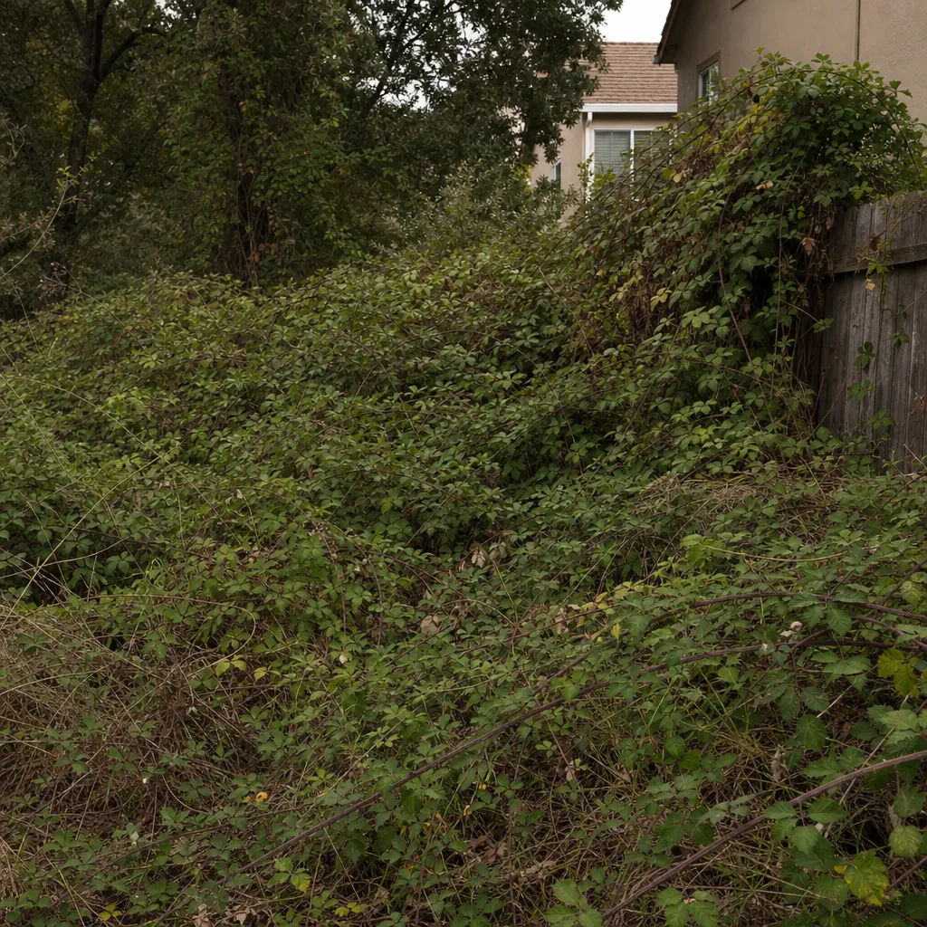 Dense blackberry and scrub thicket overtaking a Sacramento-area residential lot