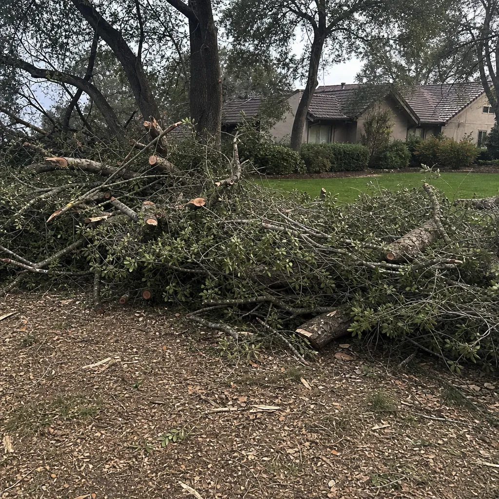 Pile of downed limbs and brush debris on a suburban lot after a storm