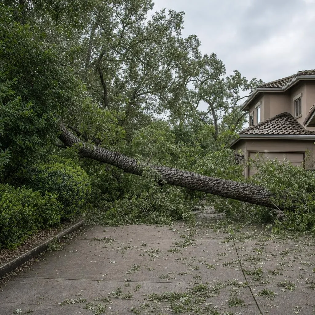 Fallen tree blocking a residential driveway after a windstorm