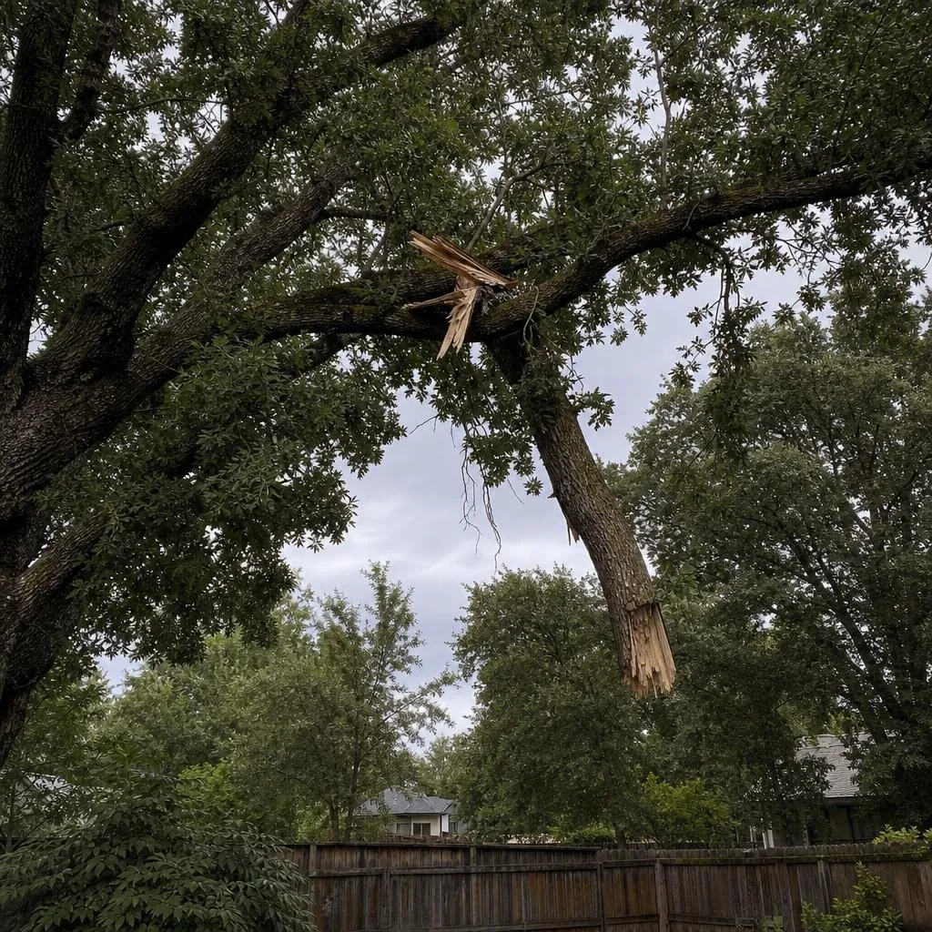 Large cracked tree limb hung up and dangling over a backyard