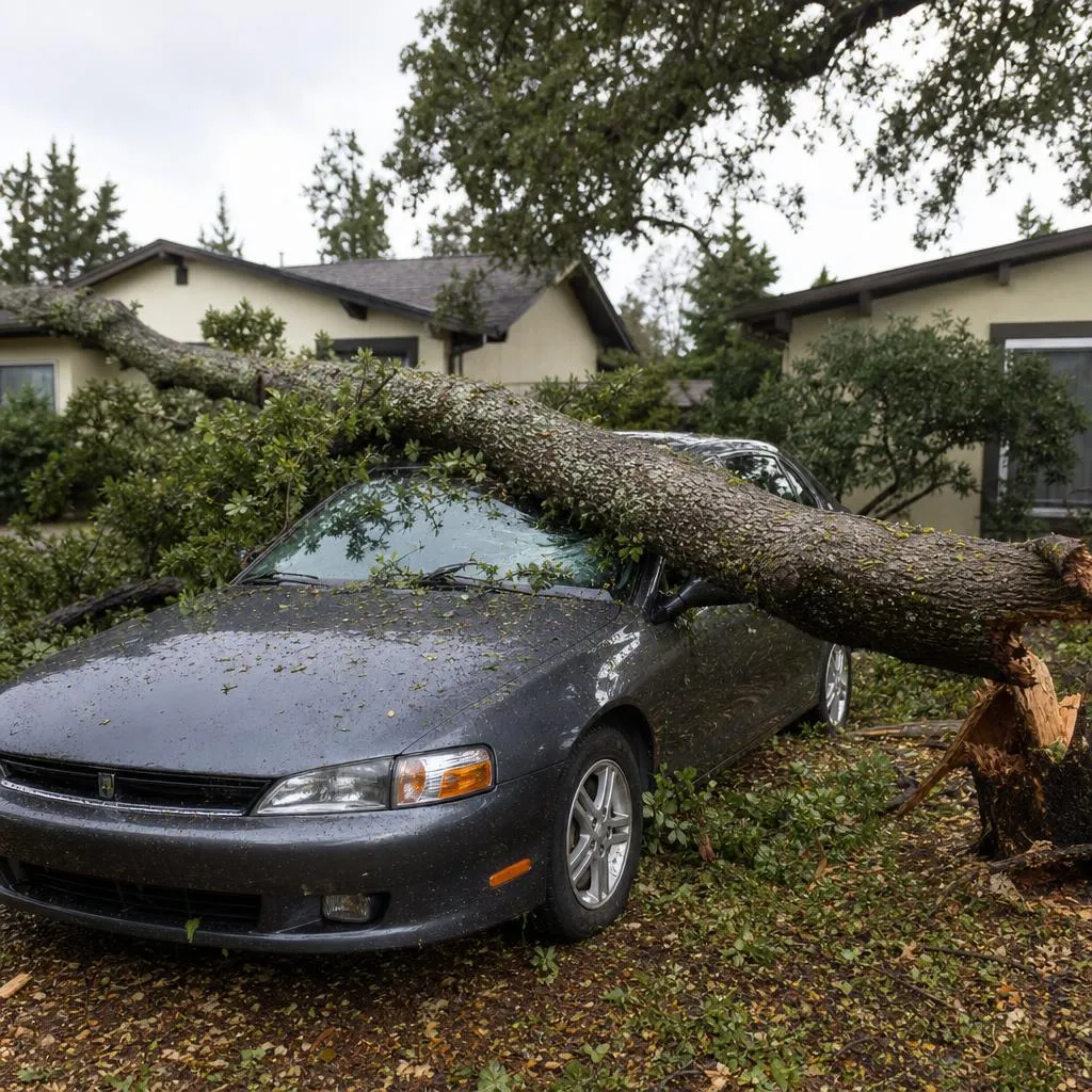 Heavy broken tree limb resting across a parked car in a driveway