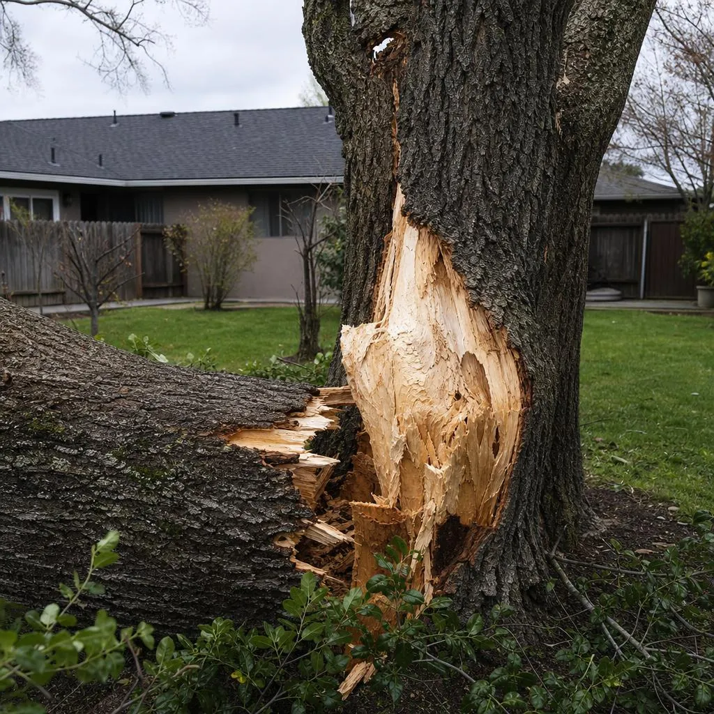 Tree trunk freshly split down the stem after a storm