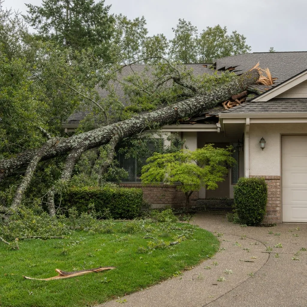 Large tree fallen onto the roof of a suburban home after a storm