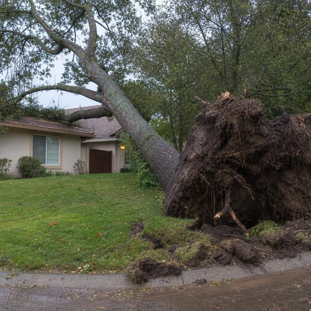 Uprooted tree leaning with its root ball lifted out of a wet yard