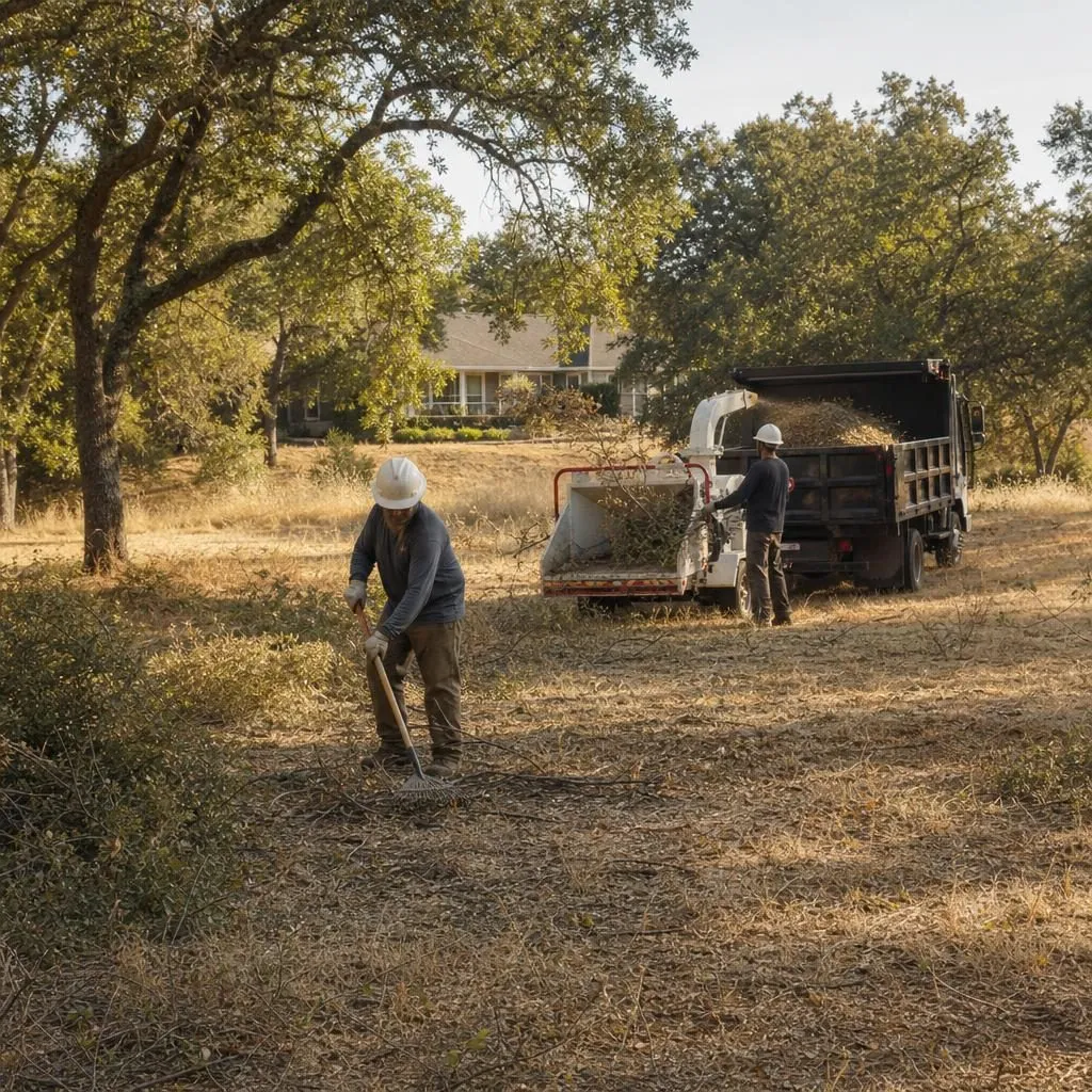 A crew clearing dry brush and low limbs for defensible space on a Granite Bay lot near open space