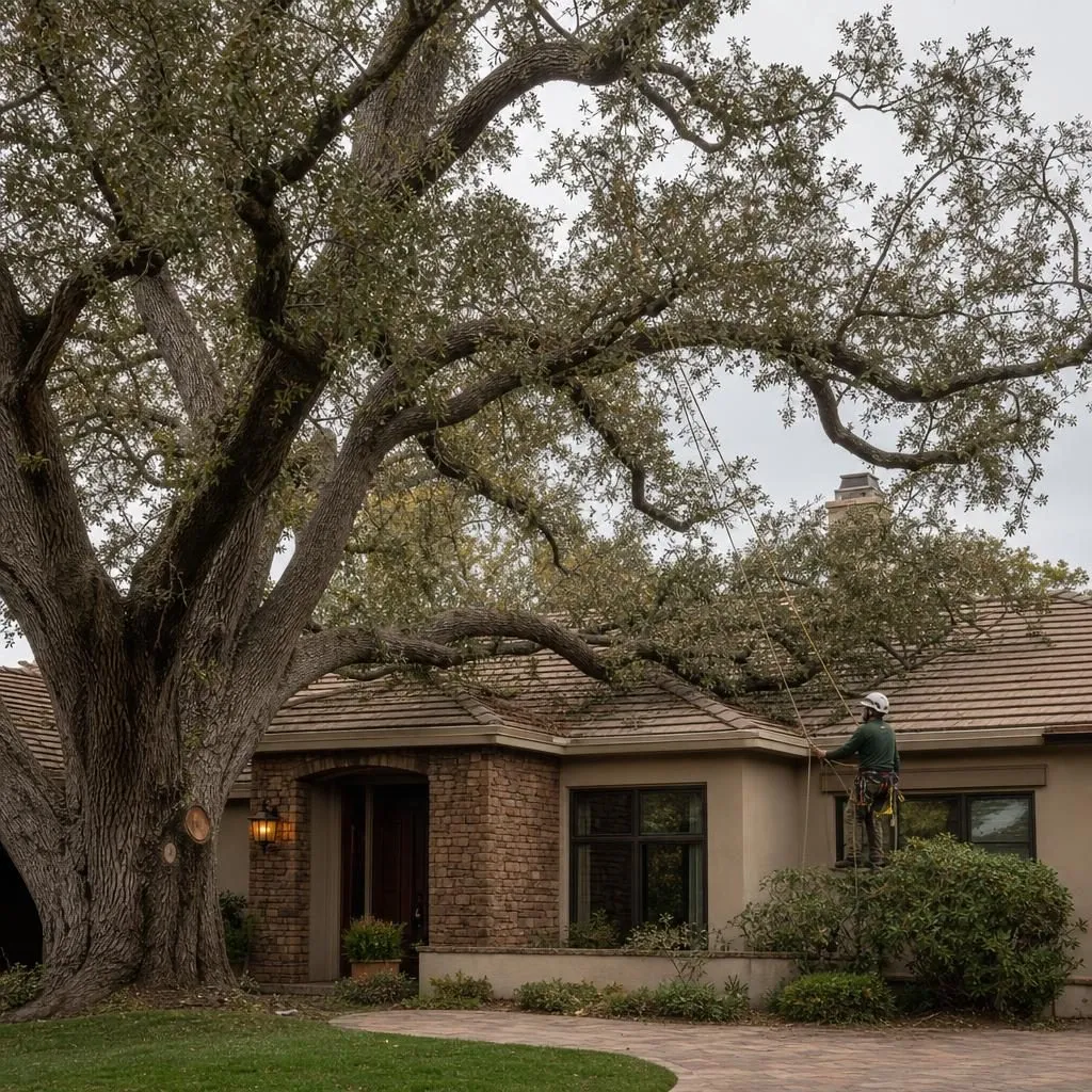 A mature oak with heavy limbs reaching over the roof of a Granite Bay home