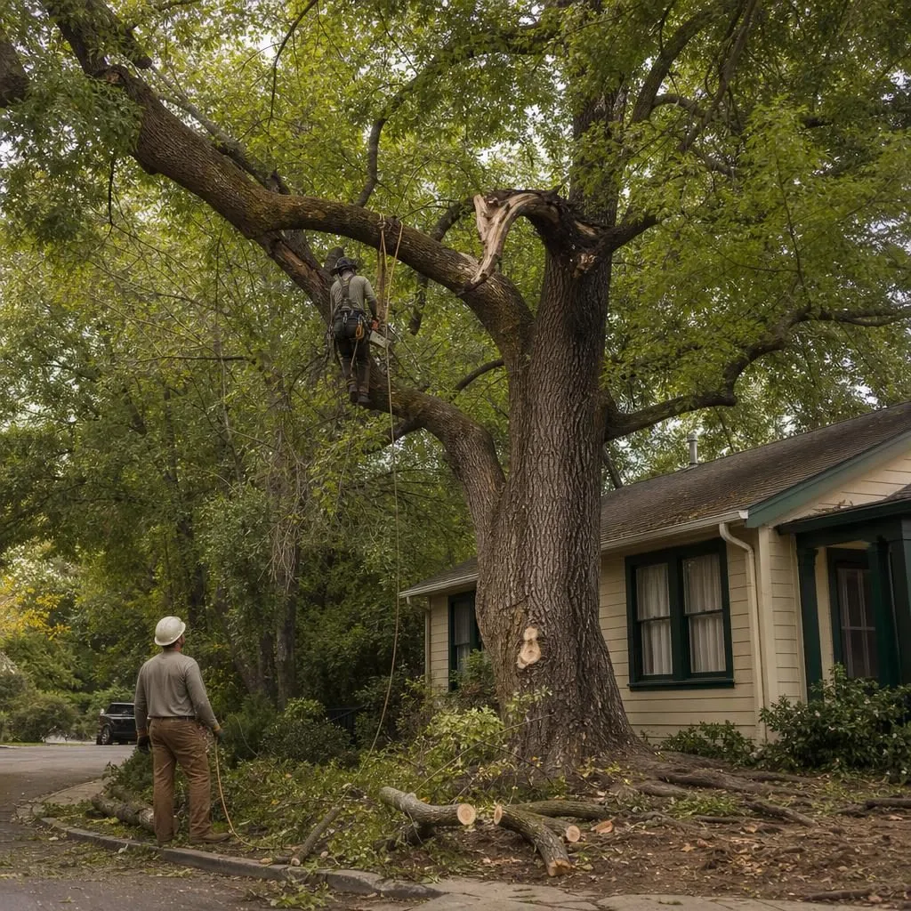 A large mature shade tree with heavy limbs over an older single-story home near downtown Lincoln