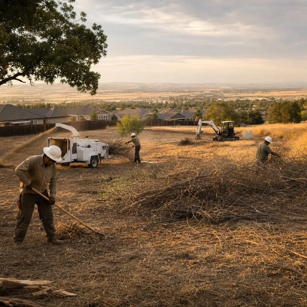 A crew clearing dry brush and grass for defensible space on an open edge-of-town Lincoln lot beside valley grassland