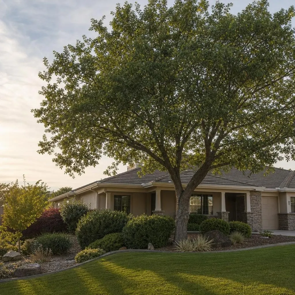 A neat mature shade tree over a tidy single-story Sun City Lincoln Hills home with low-maintenance landscaping