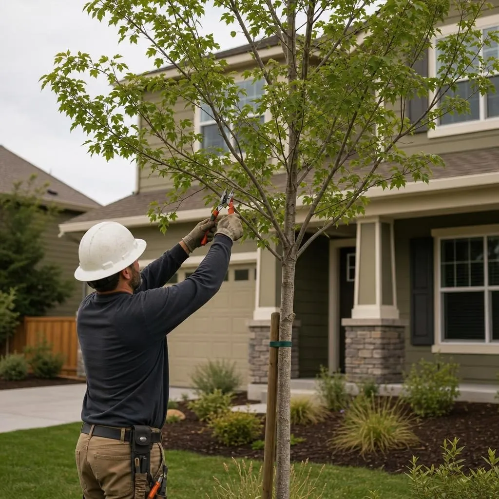 An arborist making formative pruning cuts on a young landscape tree in a newer Lincoln front yard