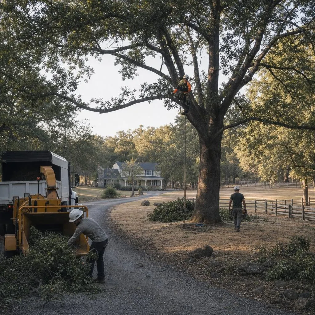 A tree crew and chipper working a large rural Loomis acreage property down a long gravel driveway