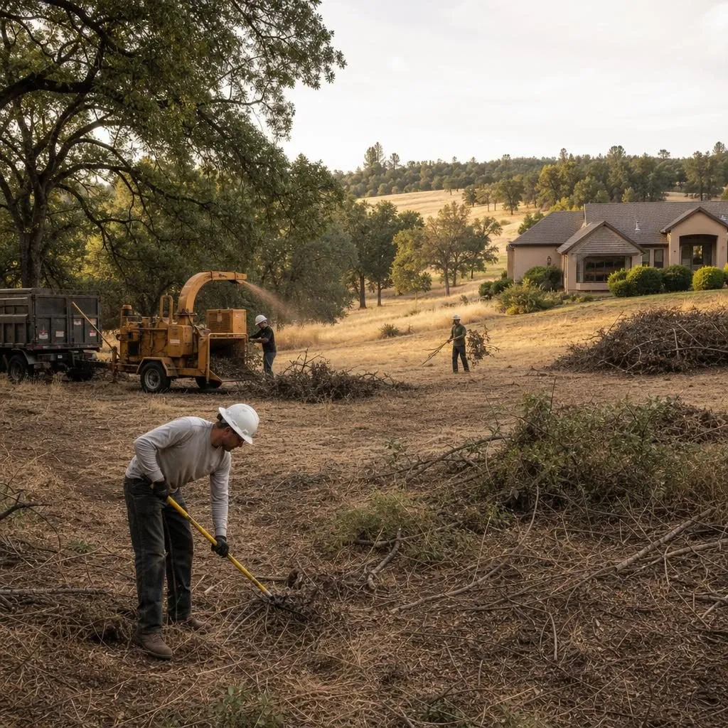 A crew clearing dry brush and oak deadwood for defensible space where a Loomis property opens to foothill grassland