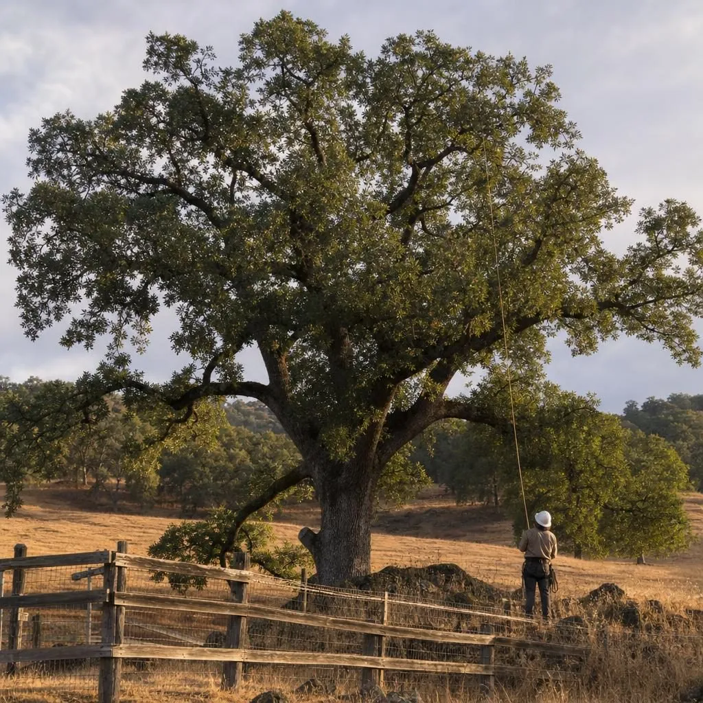 A large spreading blue oak on open golden Loomis pastureland with a rail fence