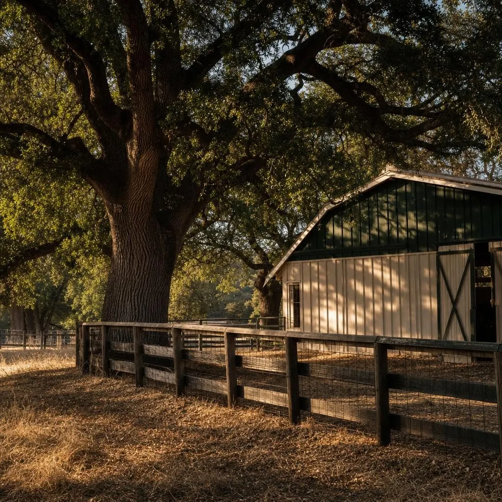 A large oak shading a wooden pasture fence and a barn on a rural Loomis country property
