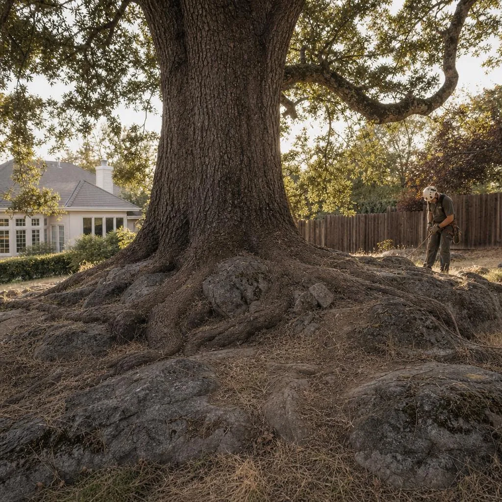 A mature oak rooted over exposed granite bedrock in a Rocklin backyard