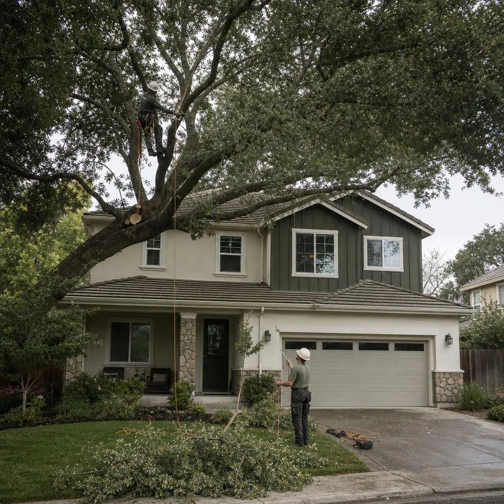 A large landscape tree grown up against the roofline of a Rocklin subdivision home