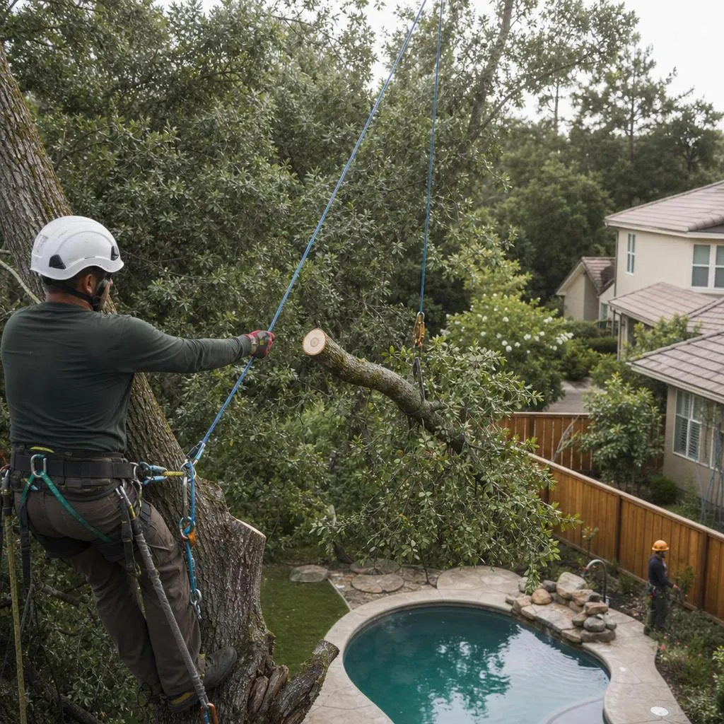 A crew member lowering a cut limb by rope in a fenced Rocklin backyard with a pool