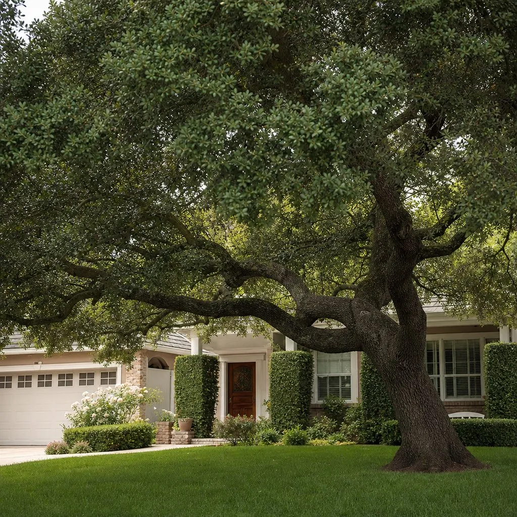 A large mature valley oak shading a single-family home in a Roseville yard