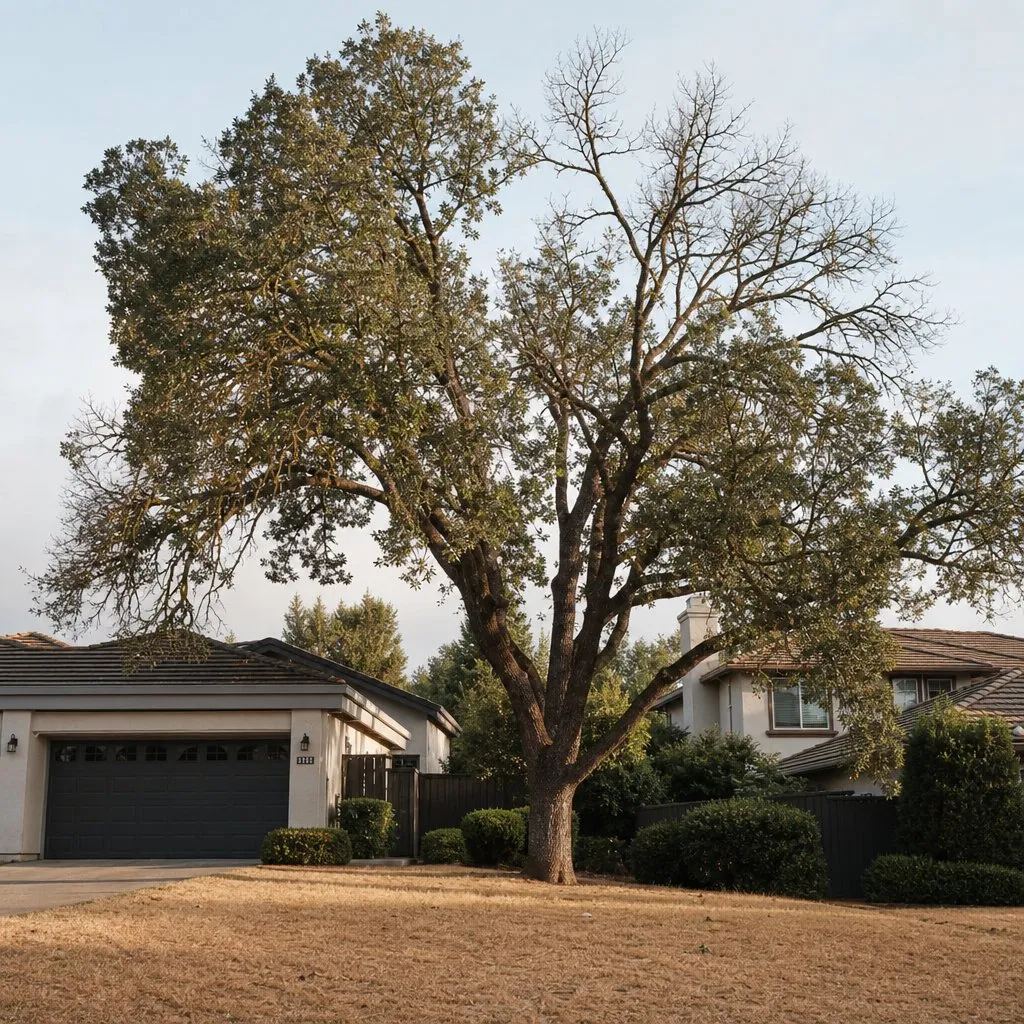 A heat-stressed oak with thinning foliage over dry summer grass in a Roseville yard