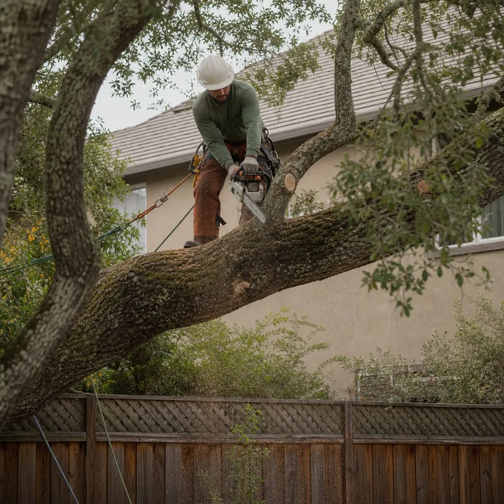 A crew member cutting a limb in a fenced Roseville backyard