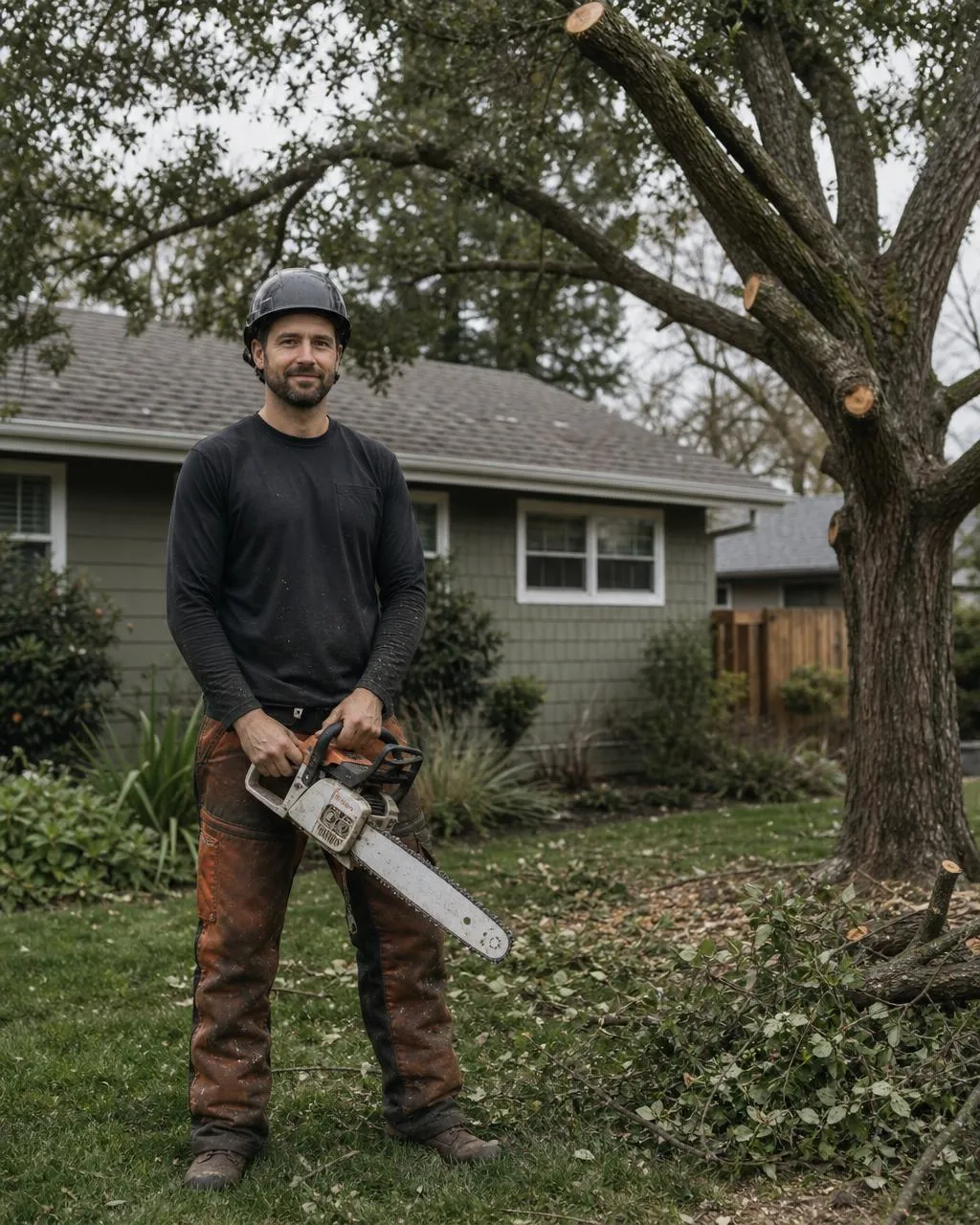 SMF Tree Service crew member with a chainsaw in a tidy Roseville backyard beside a freshly pruned oak