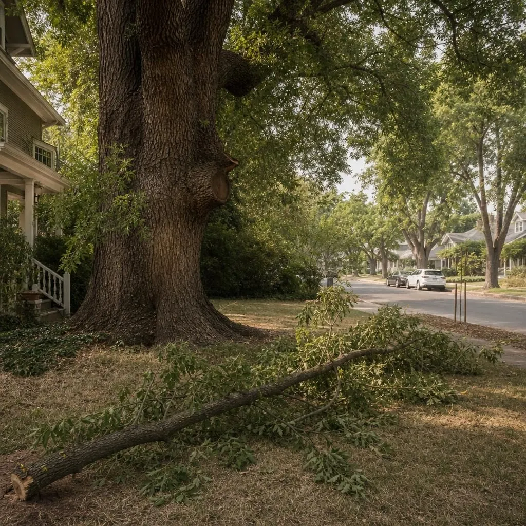 A large old shade tree in a Sacramento yard on a hot summer day with a heavy limb freshly dropped on the lawn