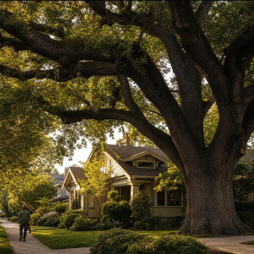 A huge old heritage-class oak dominating the front yard of an older Sacramento home