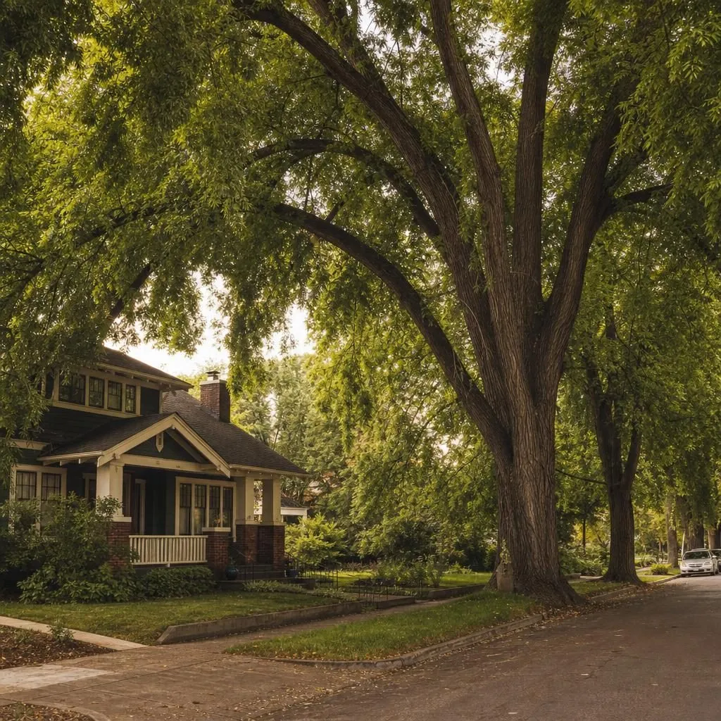 A large mature elm arching over a 1920s craftsman bungalow on a tree-lined East Sacramento street