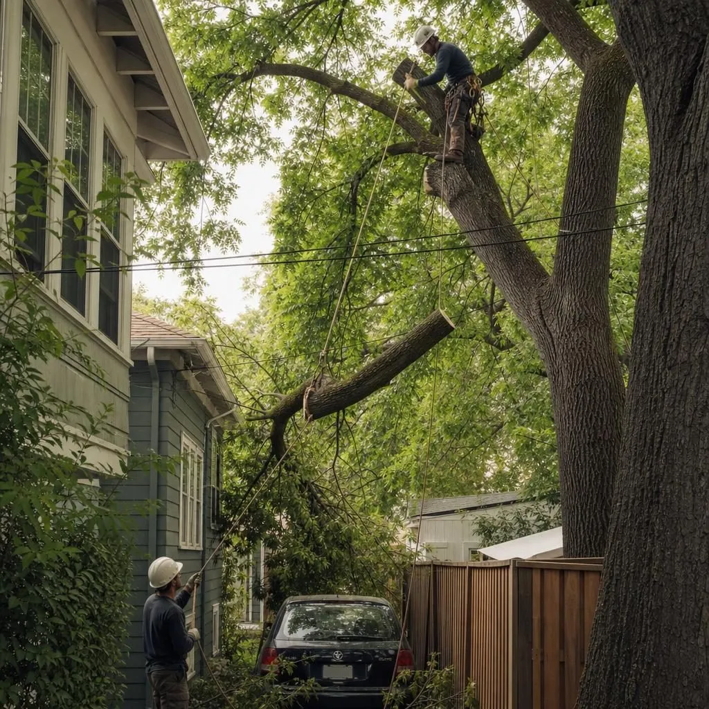 A climber lowering a cut limb by rope on a tight Midtown Sacramento lot near the house, a car, and power lines