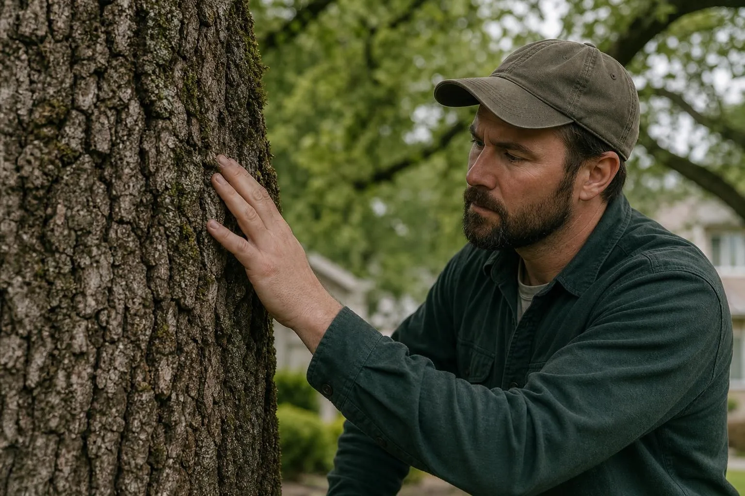 Local Roseville arborist inspecting an oak trunk for signs of disease