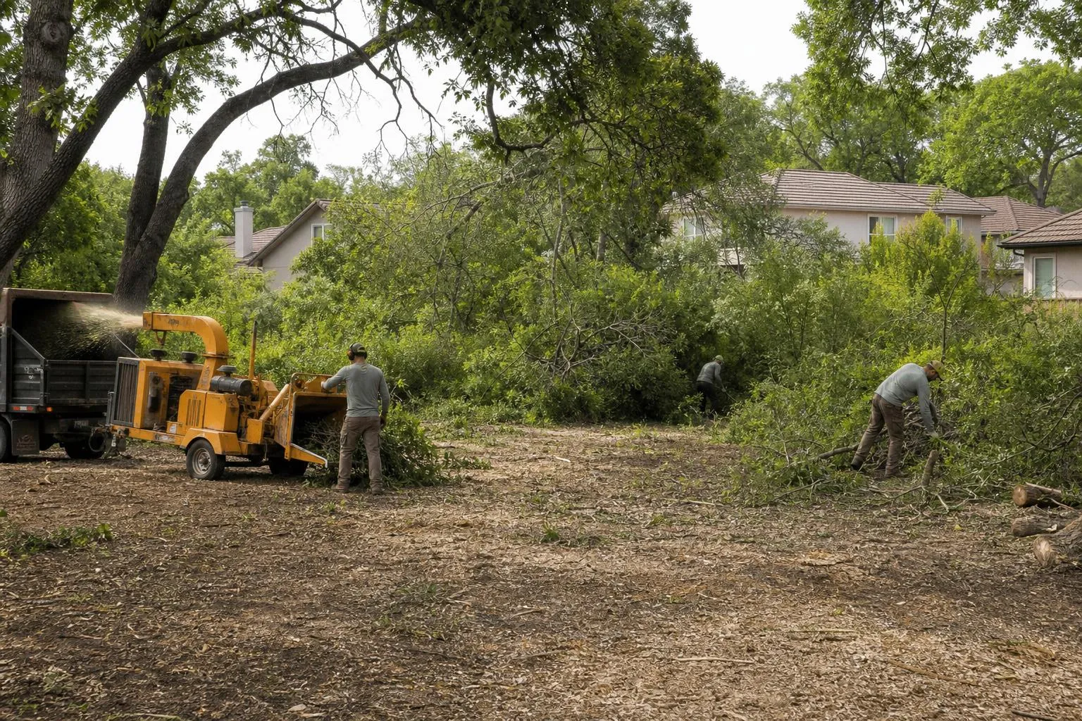 Tree service crew clearing brush and small trees from a lot near Roseville