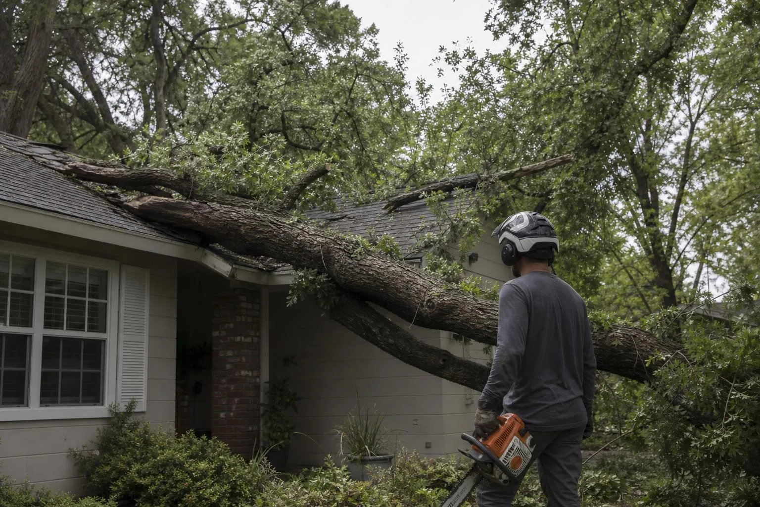 Tree service crew clearing a storm-damaged tree fallen against a Roseville home