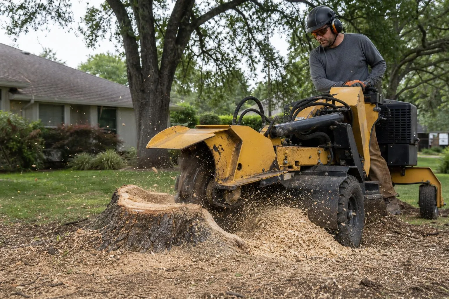 Stump grinder removing a tree stump below grade in a Roseville backyard