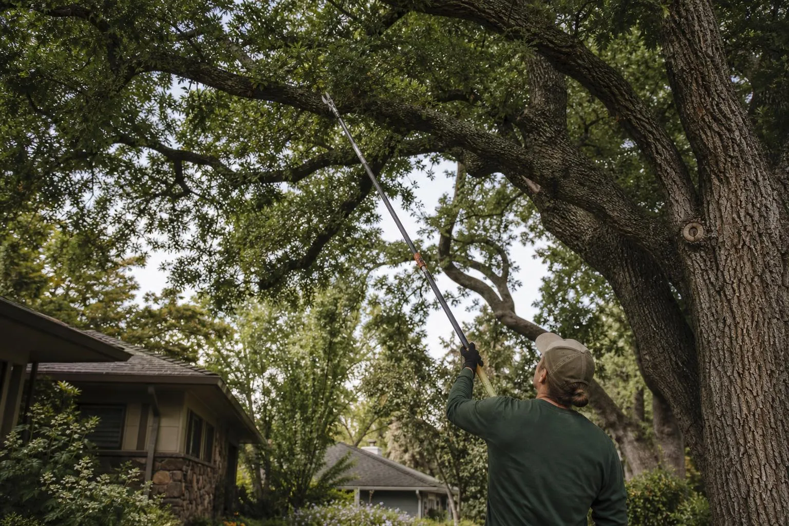 Roseville tree service arborist pruning the canopy of an oak with a pole saw